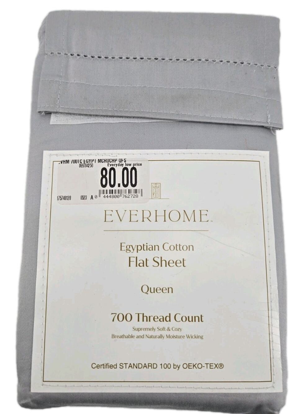 Everhome 700 TC 100% Egyptian Cotton Queen Flat Sheet Microchip Gray NEW